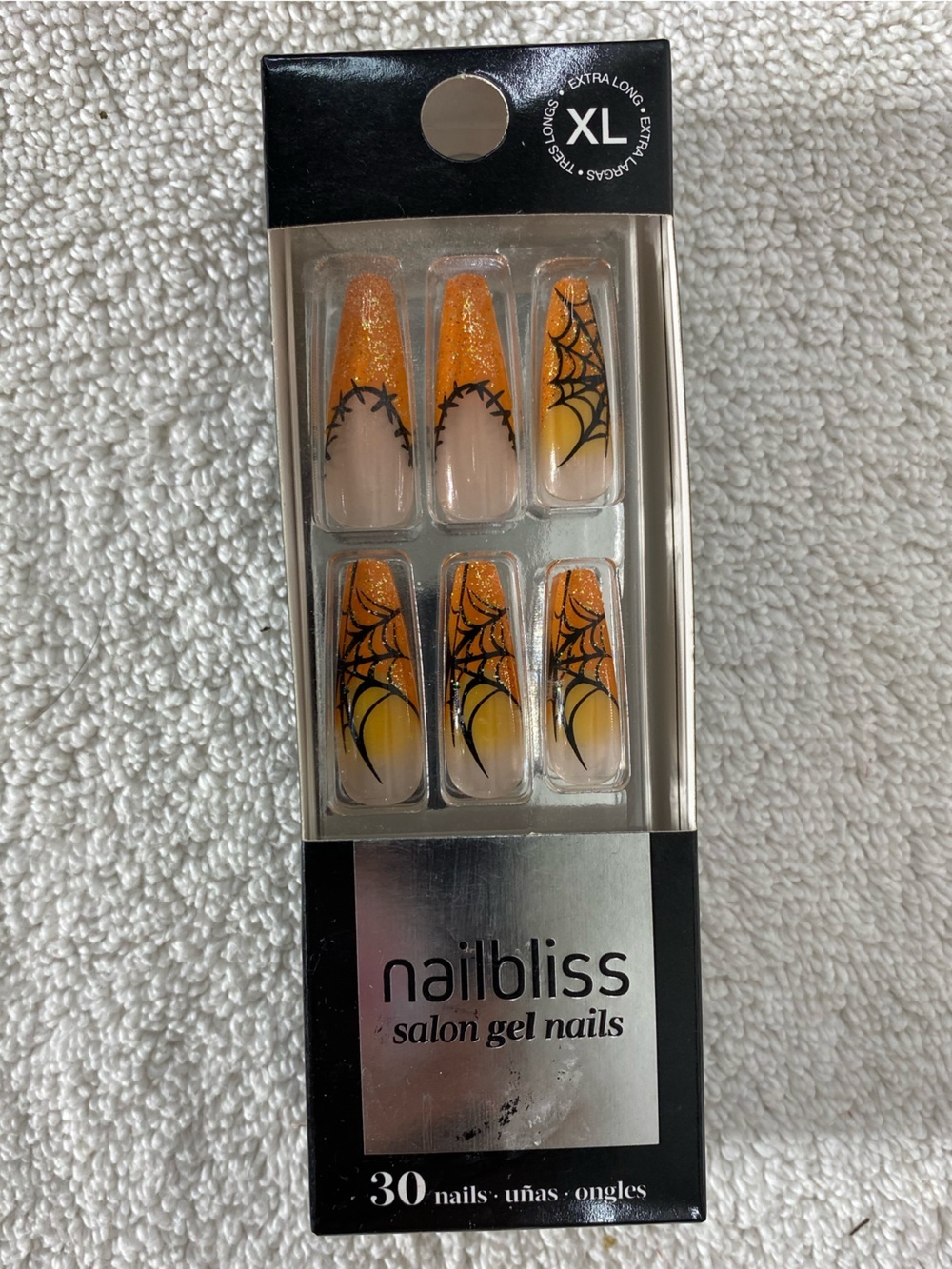 Nailbliss Salon Gel Nails Halloween Edition Extra Long Orange Black Spiderwebs
